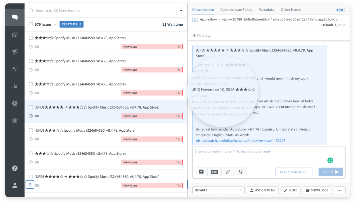 Track customer satisfaction and reviews updates